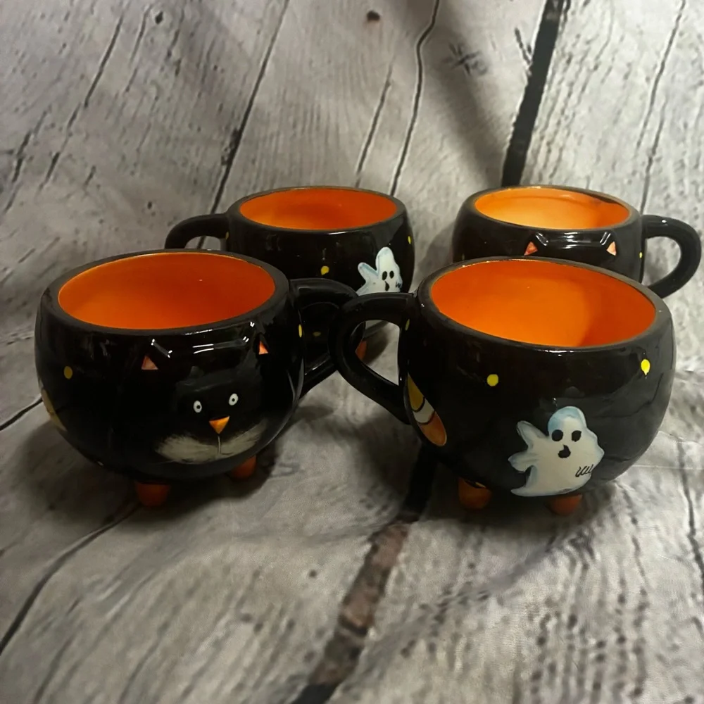 Halloween‎ Black Cat Ghost Candy 4 Cauldron Punch Replacement Cups Hand Painted